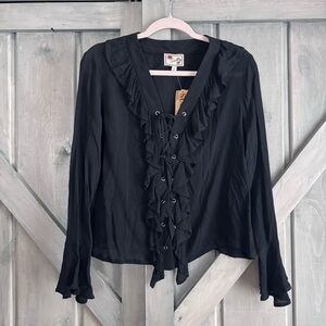 Skully Stunning Lace up Ruffle Black Blouse Western Bell Sleeve Sexy witchy